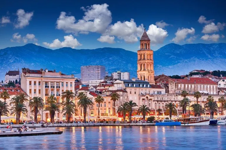 split croatia view of split the second largest city of croatia at night shore of the adriatic sea and famous palace of the emperor diocletian traveling concept mediterranean countries
